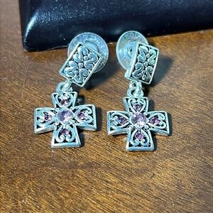 Pink Crystal Dangle Cross Earrings.  1.5” Overall
